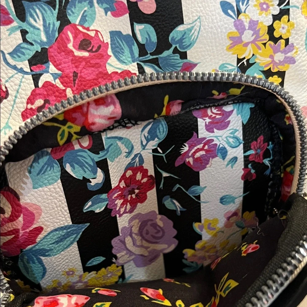Betsey Johnson Black & White Striped Floral Mini Backpack with Pink Cat Accent